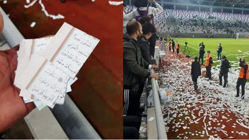 Türkiye’de Kur’an-ı Kerim sayfalarından konfeti yapıp sahaya attılar
