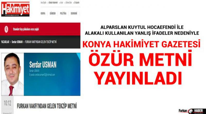 Konya Hakimiyet Gazetesi Özür Metni Yayınladı